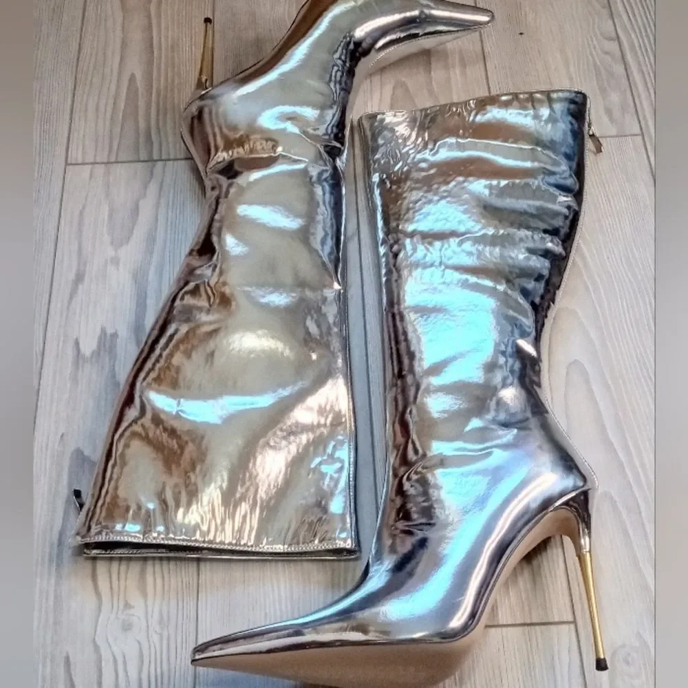 (T-RBB120)  Only Maker Women's Mid Calf Boots, Knee High Boots, Silver Sz 10 - Picture 8 of 9